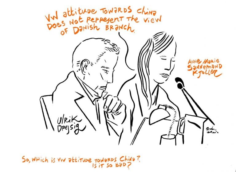 Ai Weiwei contro la Skandinavisk Motor Co. A/S. Ulrik Drejsig e Anne Marie Sannemand Kjøller. Disegno di Gianluca Costantini