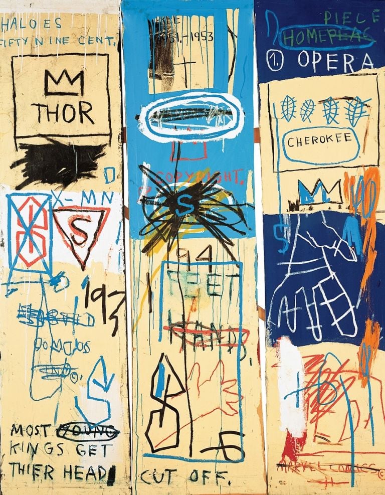 Jean-Michel Basquiat Charles the First, 1982 Acrylic and oil stick on canvas, three panels, 198.1 x 165.1 cm Estate of Jean-Michel Basquiat O Estate of Jean-Michel Basquiat. Licensed by Artestar, New York