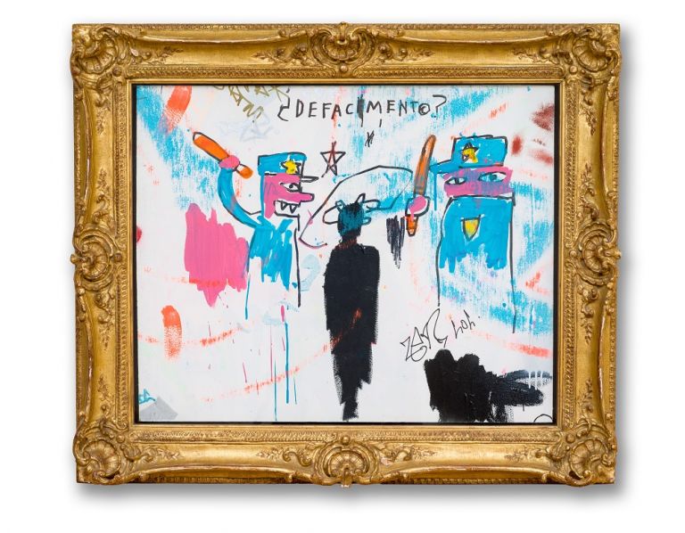 Jean-Michel Basquiat The Death of Michael Stewart, 1983 Acrylic and marker on sheet rock, 34 x 40 inches, framed (86.4 x 101.6 cm) Collection of Nina Clemente, New York © Estate of Jean-Michel Basquiat. Licensed by Artestar, New York Photo: Allison Chipak © Solomon R. Guggenheim Foundation, 2018