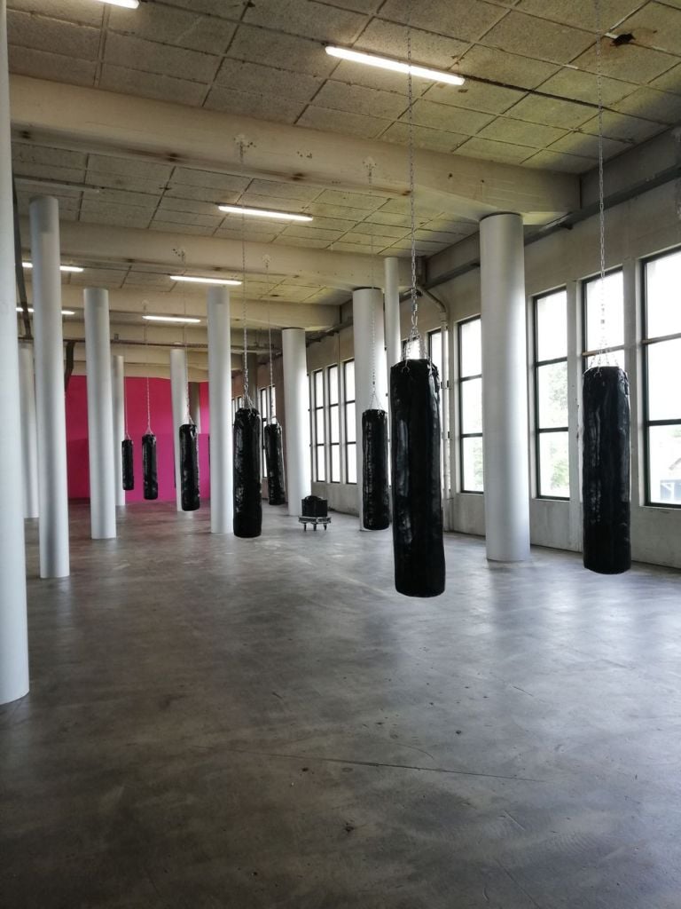 L'area per gli allenamenti di boxe progettata da Gabriel Lester con i sacchi, Het HEM, Amsterdam. Photo Daniele Perra