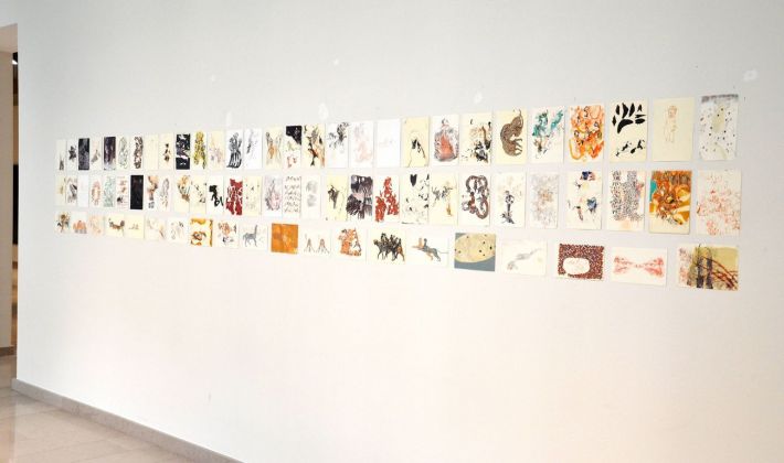 Marta Spagnoli, Opera Prima. Disegni, 2017 18, installation view, tecnica mista su carta, 21x14,8 cm cadauno. Courtesy l'artista