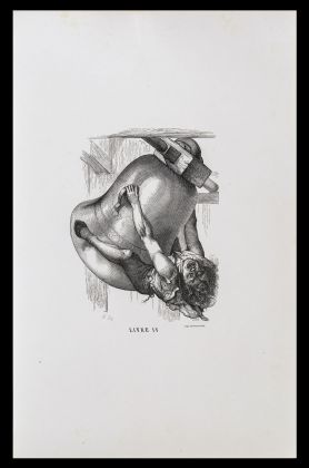 Quasimodo, il gobbo di Notre Dame, suona la campana della cattedrale. Illustrazione tratta da Victor Hugo, Notre Dame de Pari, Paris, 1844. Torino, Libreria Antiquaria Pregliasco