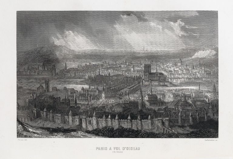 Veduta di Parigi nel XV secolo. Illustrazione tratta da Victor Hugo, Notre-Dame de Paris. Edition illustrée d'après les dessins de MM. E. de Beaumont, L. Boulanger, Daubigny [et al.], Paris, 1844. Torino, Libreria Antiquaria Pregliasco