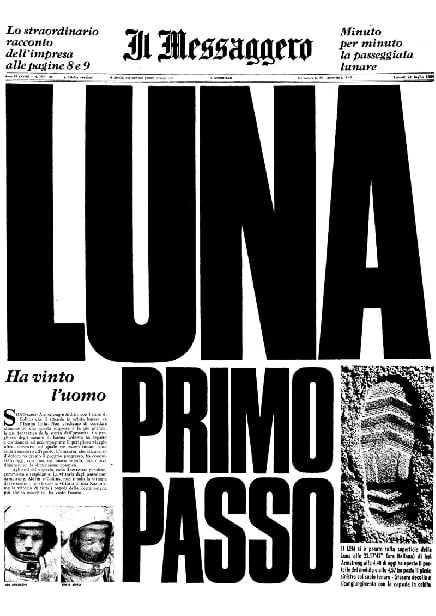 Prima pagina de Il Messaggero datata 21 luglio 1969 con l'annuncio dell'Allunaggio