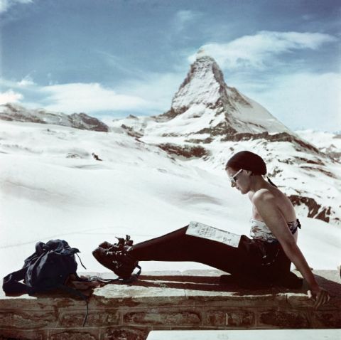 SWITZERLAND. Zermatt. 1950. Skier sunbathing in front of the Matterhorn.