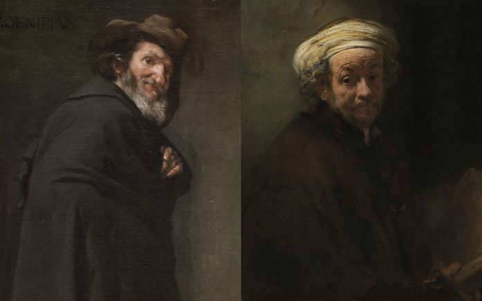 A sx, Diego Velázquez, Menipo, 1638 ca., Madrid, Museo Nacional del Prado. A dx, Rembrandt van Rijn, Autoritratto come San Paolo apostolo, 1661, Amsterdam, Rijksmuseum