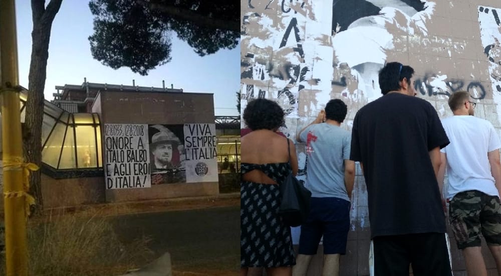 Affissioni abusive di Casapound sui muri della stazione di Ostia Lido Nord, poi rimossi dai volontari dell'ANPI. Ph. RomaToday