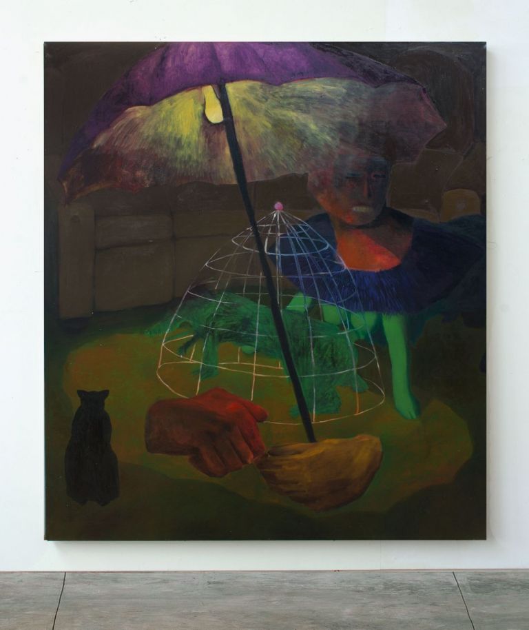 Alessandro Fogo, Giochi primitivi da salotto, 2019, olio su lino, 155x180 cm