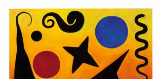 Alexander Calder, Seven Black, Red and Blue, 1947, oil on canvas, 48 1/8" x 60 1/4", Calder Foundation, New York. Photo Courtesy of Calder Foundation, New York / Art Resource, New York © 2019 Calder Foundation, New York / ADAGP, Paris