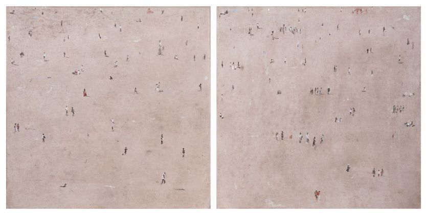 Enrico Tealdi, Le briciole di un biscotto, 2018, tecnica mista su carta foderata su tela, dittico, cm 30x60