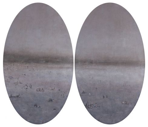 Enrico Tealdi, Le voci che non si sentono più, 2019, tecnica mista su carta foderata su tela, dittico cm 100x120