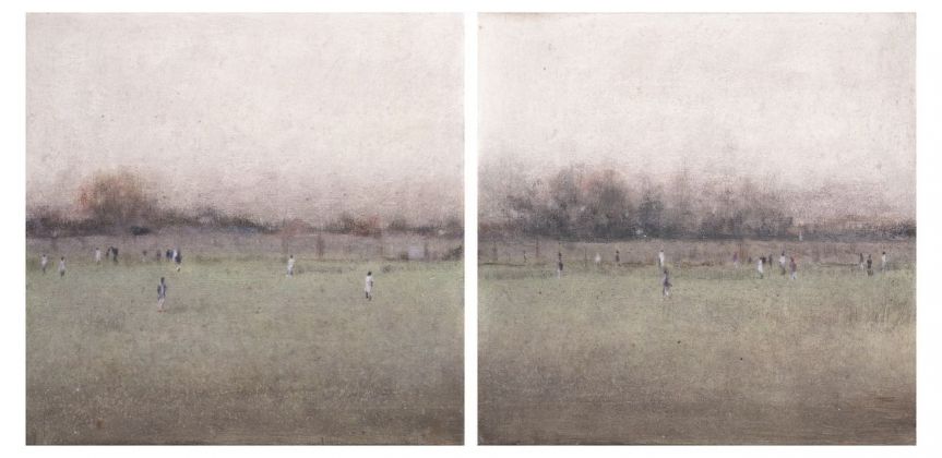 Enrico Tealdi, Nei sogni che parlano, 2018, tecnica mista su carta foderata su tela, dittico, cm30x60