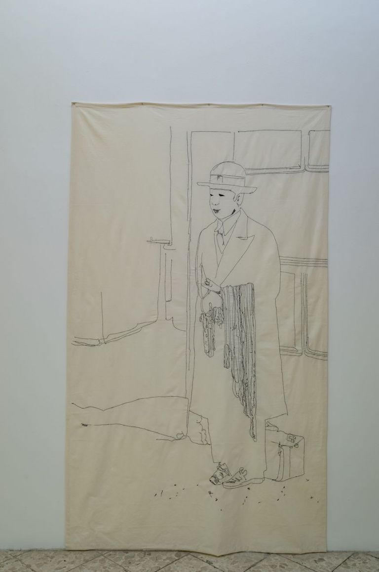 Eva Marisaldi, Milano ‘30, 2019, disegno, filo, stoffa, 220 x 120 cm