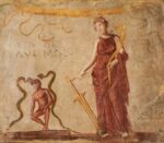 Fresco wall panel showing Isis Fortuna protecting a man flanked by the agathodaemones (protective serpents) AD 40–79Pompeii (c) Museo Archeologico Nazionale di Napoli