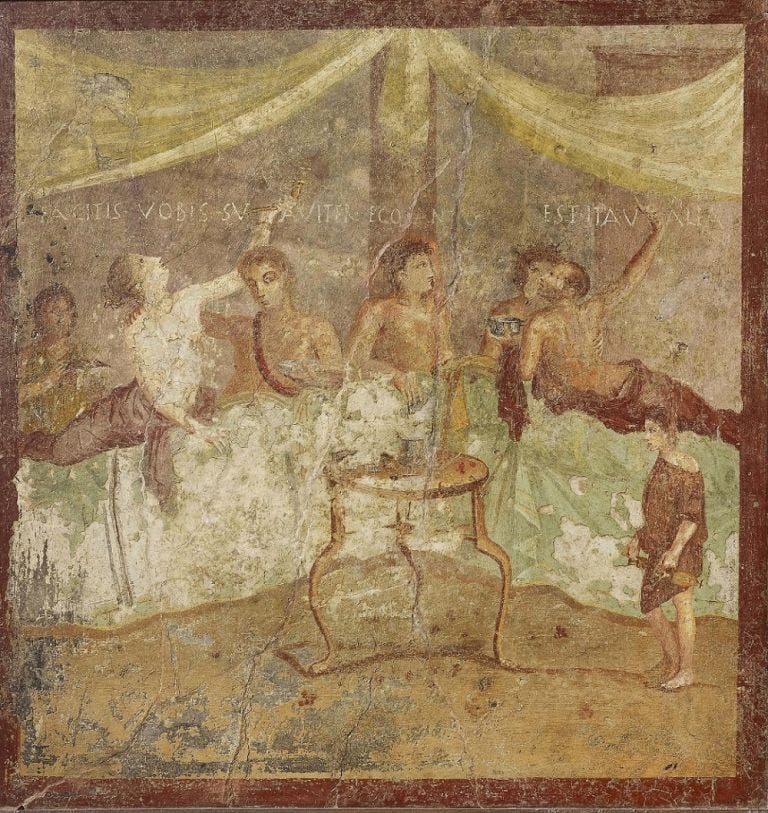 Fresco wall panel showing a dinner party AD 40–79Pompeii, House of the Triclinium (c) Museo Archeologico Nazionale di Napoli