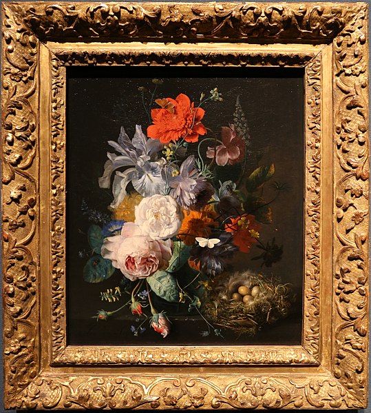 Jan van Huysum, vaso di vetro con fiori, btra cui un papavaero e un nido di fringuello, 1720 21 ca. National Gallery, Londra