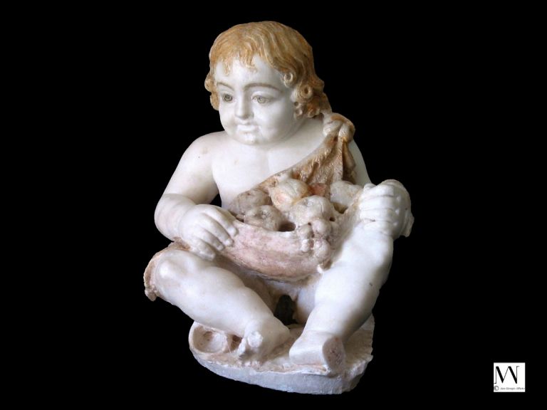 Marble fountain figure of a seated cupid wearing an animal skin filled with fruit, with traces of polychromy surviving50 BC–AD 50Pompeii (c) Parco Archeologico di Pompeii