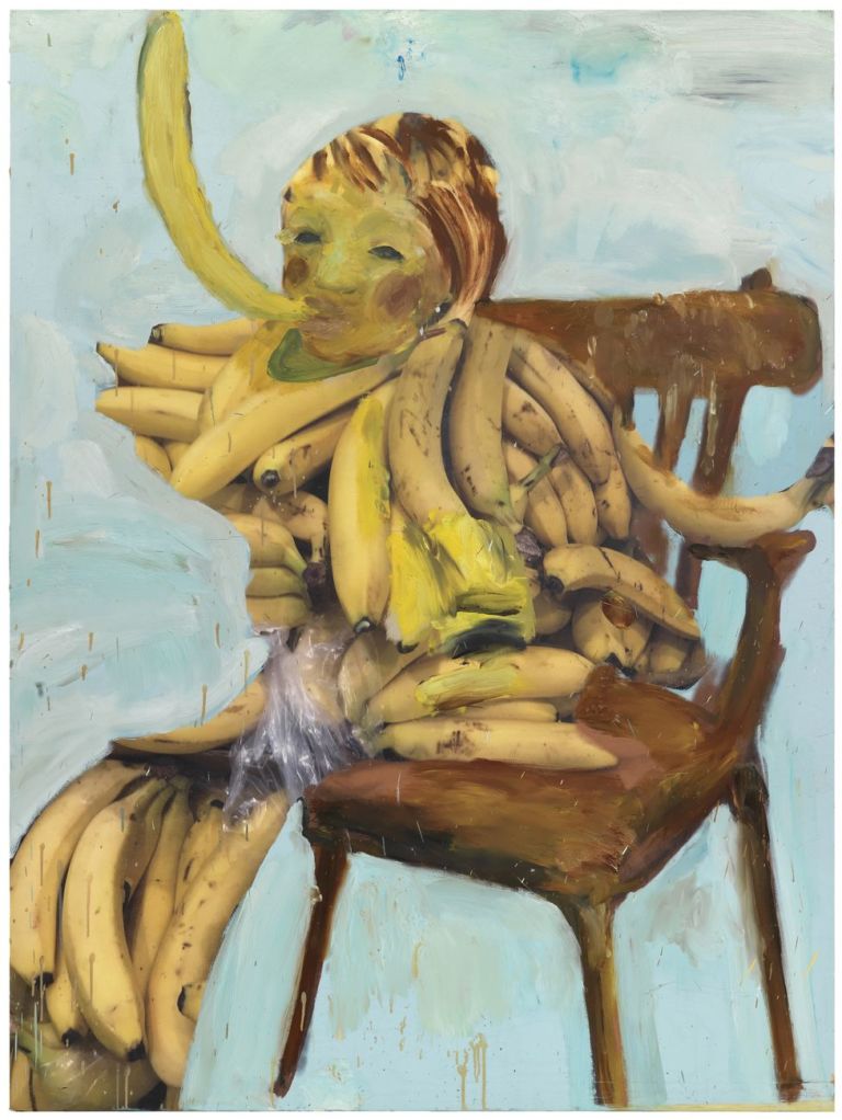 Michele Bubacco, Young musician plays his trumpet sitting on a chair, 2018, oil and print on wood, 173,5x130 cm. Photo Anna Lott Donadel