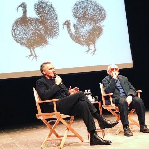 Paolo Canevari e Andrea Camilleri durante la presentazione del libro di Andrea Camilleri con i disegni di Paolo Canevari "I tacchini non ringraziano" Ed. Salani. al teatro Parenti di Milano, 2018.