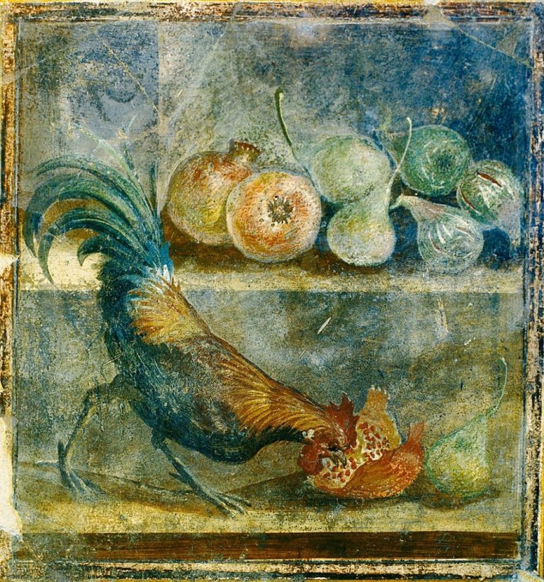 Still life wall panel fresco showing a cockerel pecking at figs, pears and pomegranates AD 45–79Pompeii, House of the Chaste Lovers (c) Parco Archeologico di Pompeii