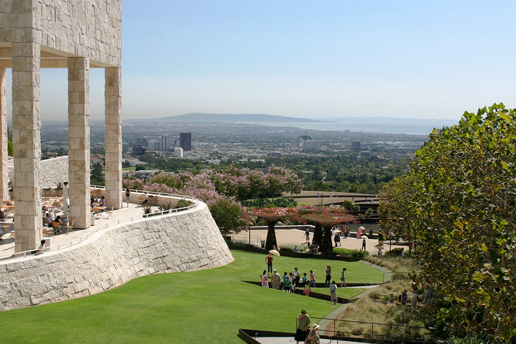 The Central Garden lawn and J. Paul Getty Museum Garden Terrace Cafe with city view