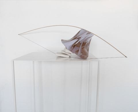 Alice Cattaneo, Untitled, 2018, Murano glass, ceramics, balsa wood, thread, iron pedestal