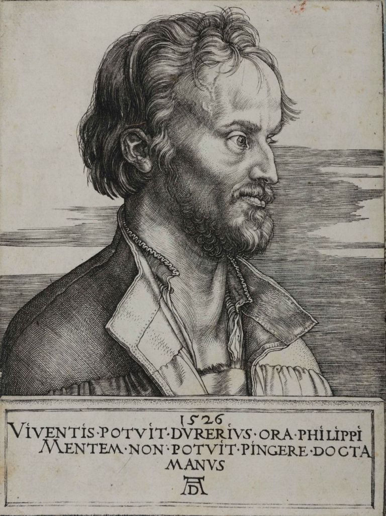 Albrecht Dürer, Ritratto di Filippo Milantone, incisione a bulino, 175x129 mm. Collezione Remondini