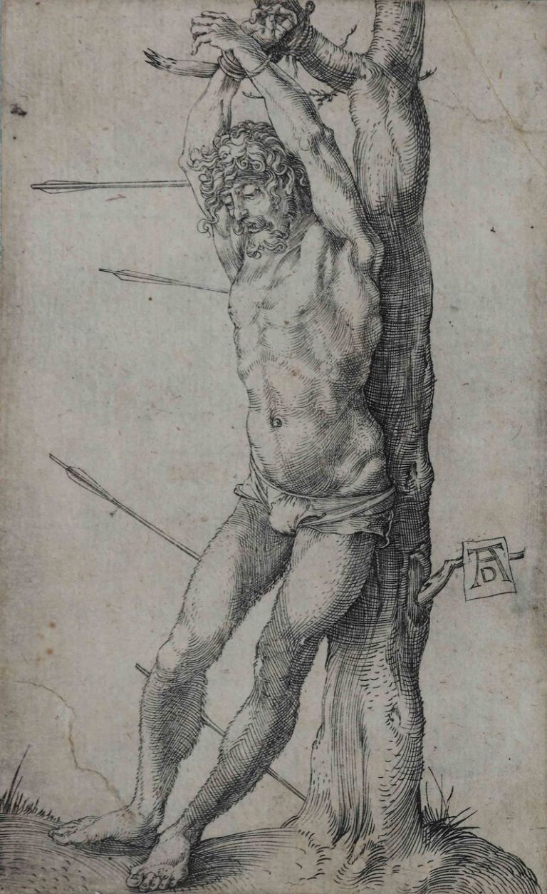Albrecht Dürer, San Sebastiano variante, incisione a bulino, 107x79 mm. Collezione Remondini