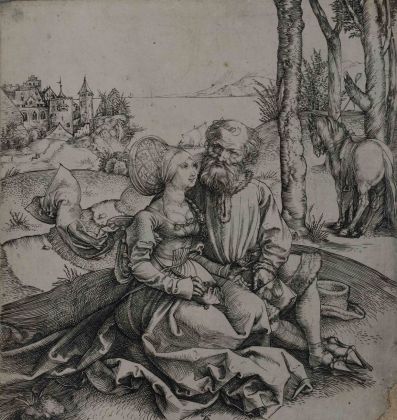 Albrecht Dürer, Giuda e Tamar (la richiesta d’amore), 1495 ca., incisione a bulino, 150x139 mm. Collezione Remondini