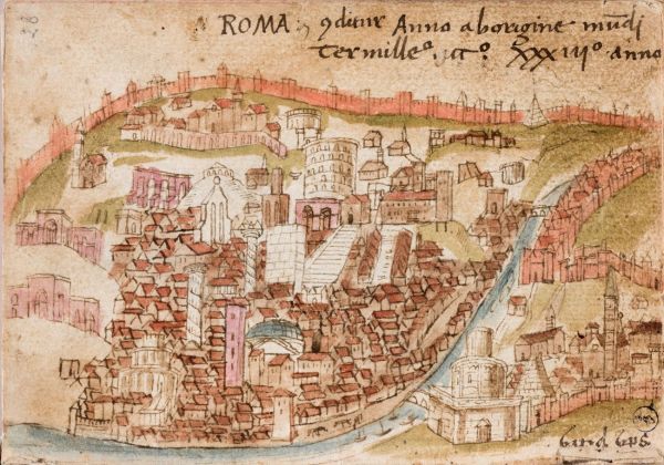 Anonimo, Veduta di Roma, metà del XV sec., miniatura su carta. Torino, Biblioteca Reale