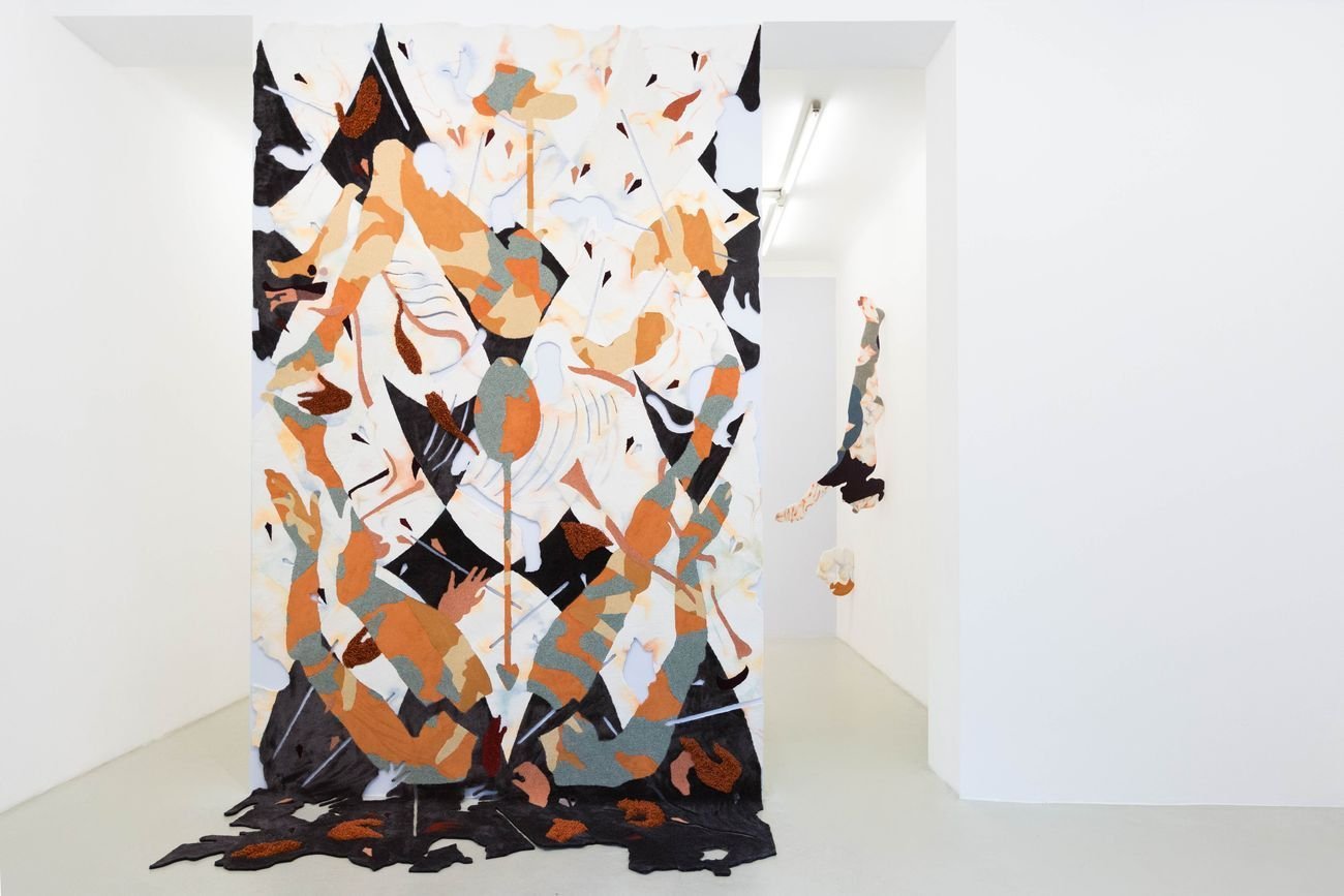 Bea Bonafini, Il Trionfo, 2018. Pastel on mixed carpet inlay, 480x265 cm. Installation view at Galleria Renata Fabbri, Milano
