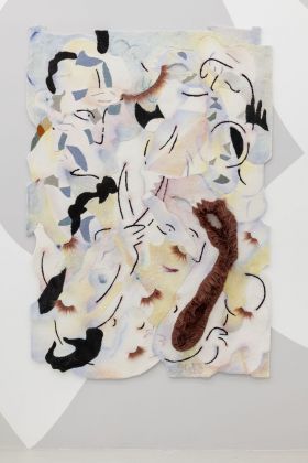 Bea Bonafini, She told me a story as long as her lashes, 2019. Oil on mixed carpet inlay, 200x140 cm