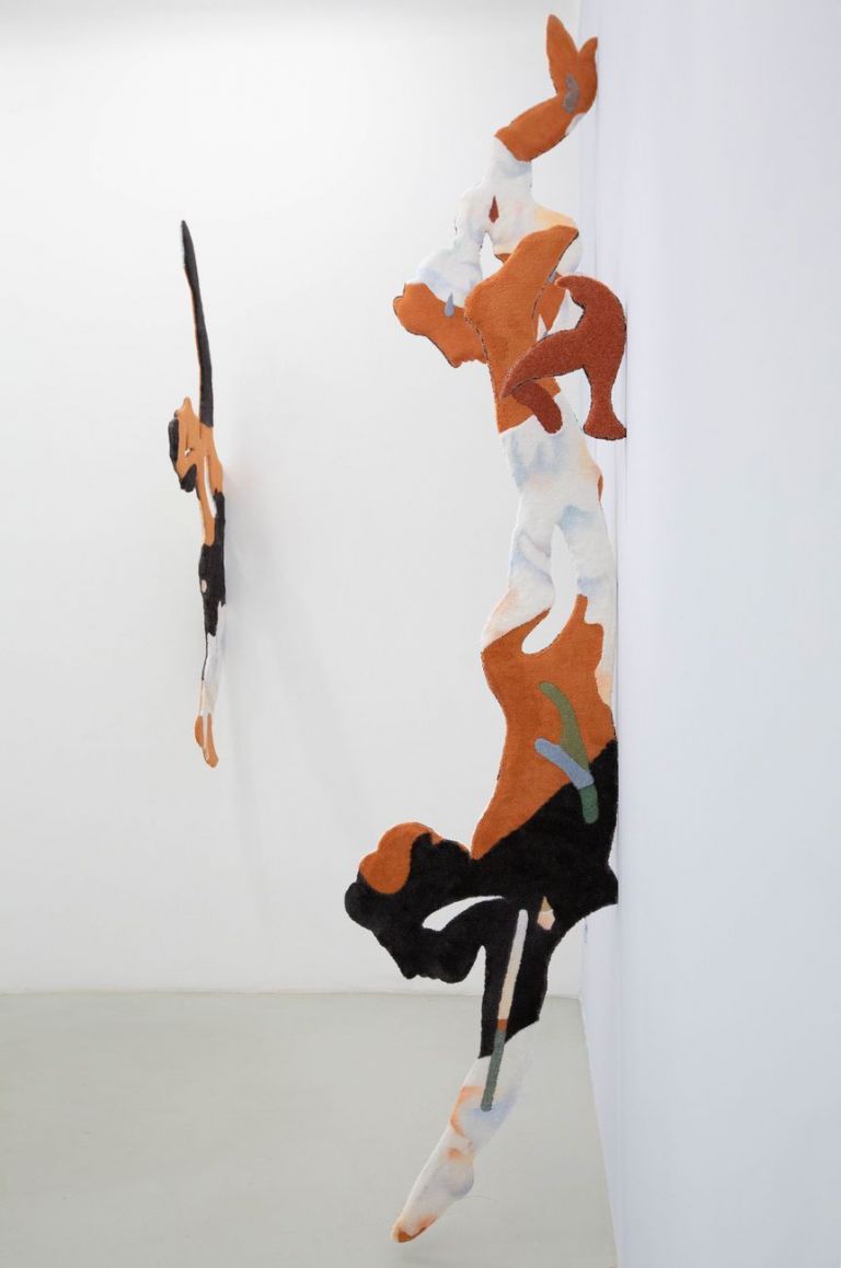 Bea Bonafini, Tomb Diver III, 2018. Pastel on mixed carpet inlay and wood, 250x70 cm