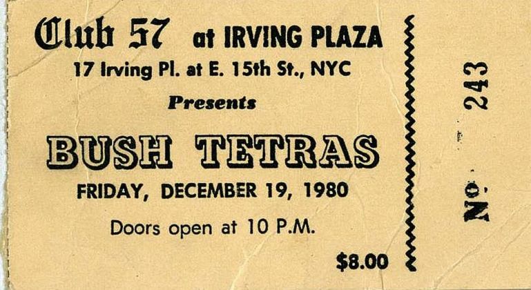Bush Tetras. Biglietto d'ingresso del Club 57, New York