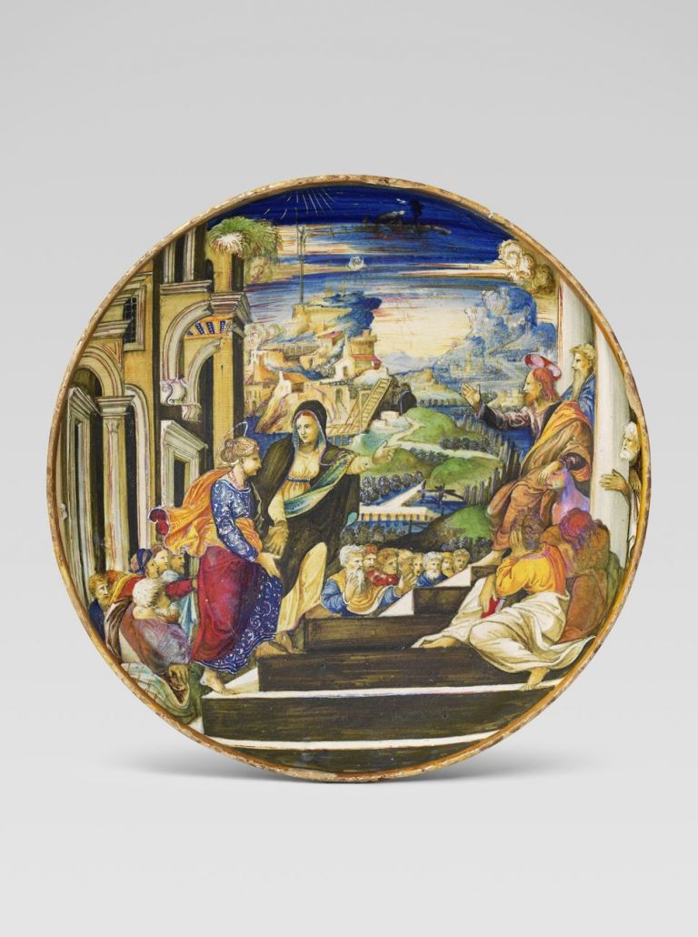 Coppa, Marta e Maria Maddalena si avvicinano a Gesù, Bottega di Maestro Giorgio, Gubbio, 1526. Collezione privata