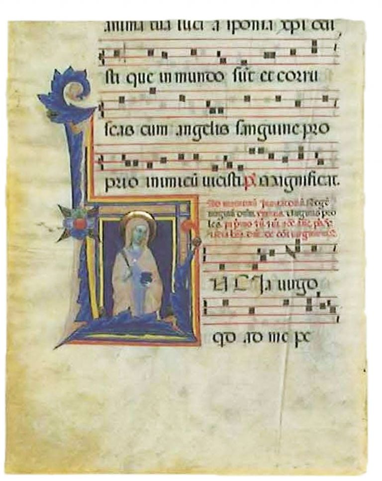 Maestro delle effigi domenicane (attivo a Firenze nel XIV secolo) Foglio di Antifonario. Iniziale L con Santa Lucia pergamena Museo Ecclesiastico di Santa Verdiana, Castelfiorentino