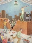 Franco Biagioni, La caduta del muro di Berlino (olio su tavola, 2003, cm 20x33)