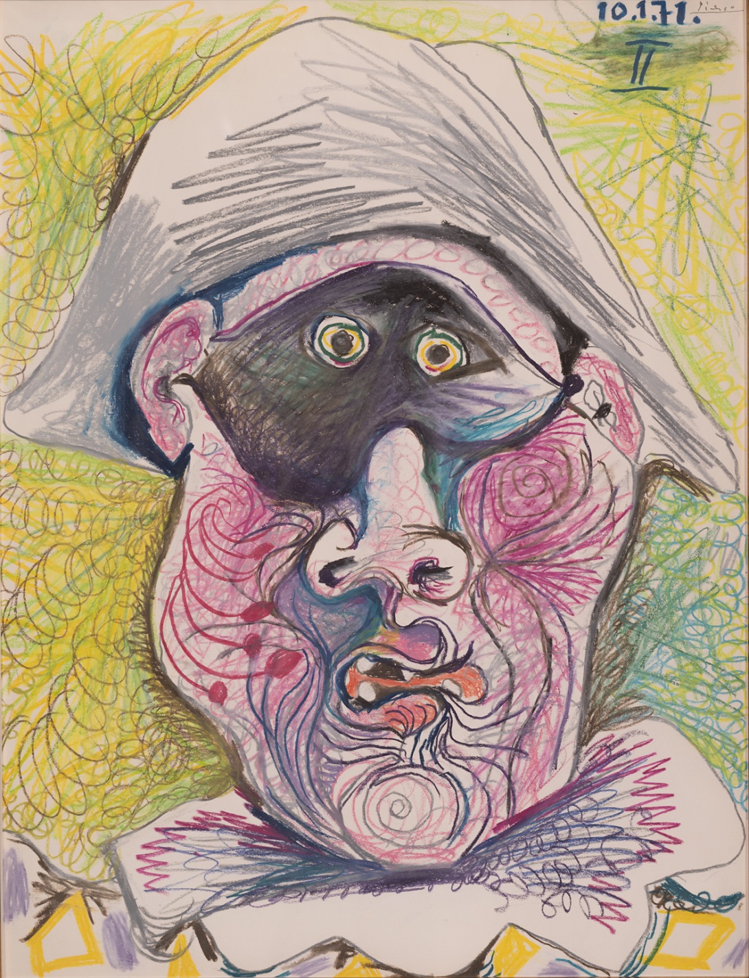 Pablo Picasso, Testa di Arlecchino II, 1971, matita e pastello su carta, 65,2 x 50,2 cm