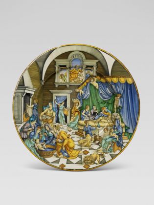 Piatto, La Nascita di san Giovanni Battista. Urbino o Casteldurante, 1530-45. Collezione privata