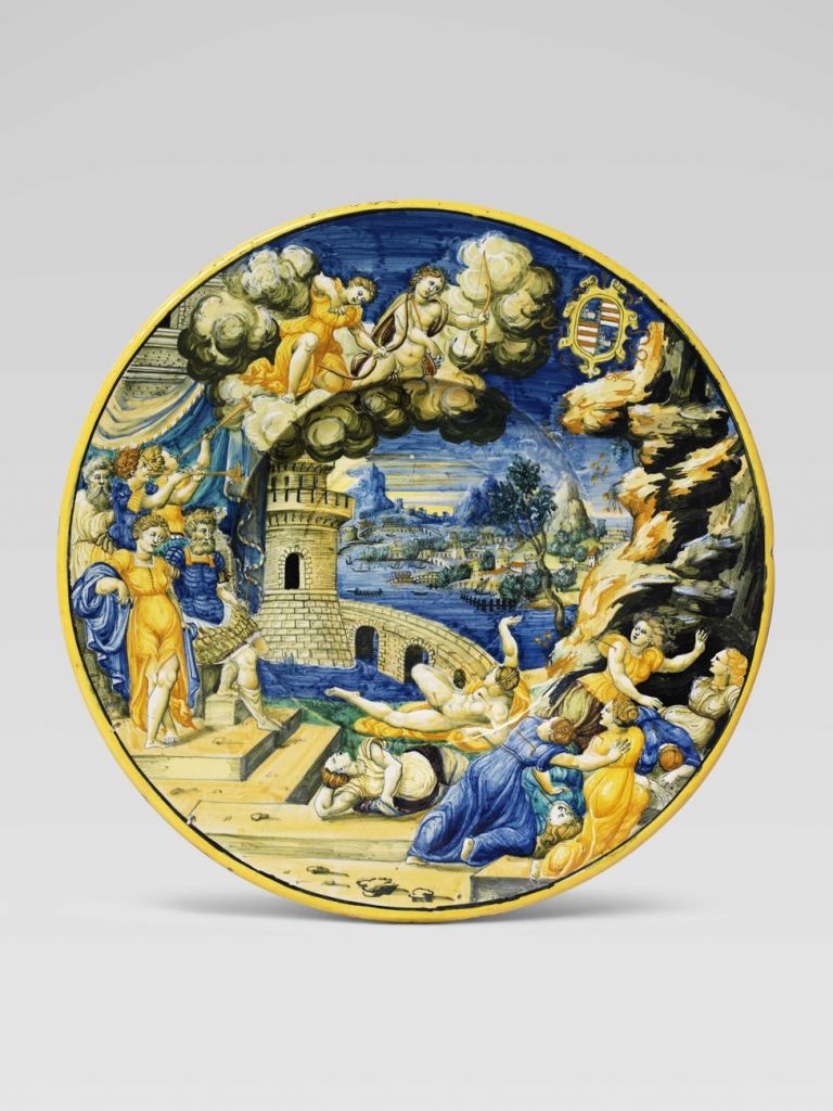 Piatto, La morte dei figli di Niobe, Urbino, bottega di Francesco Durantino, 1537-45. Collezione privata