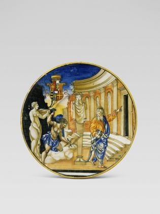 Piatto, Vitruvio e Michelangelo, stemma Paleologo, Nicola da Urbino, Urbino, 1533 ca. Collezione privata