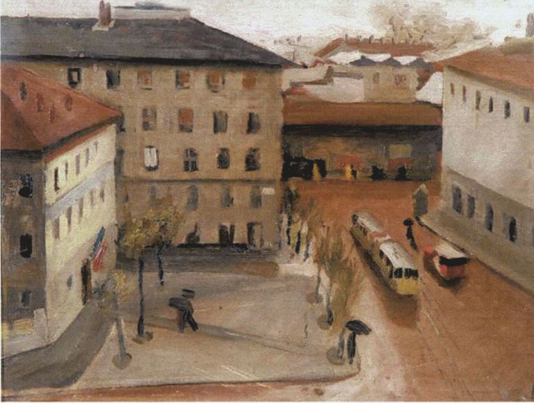 Guido Pajetta, Piazza con tram, 1928