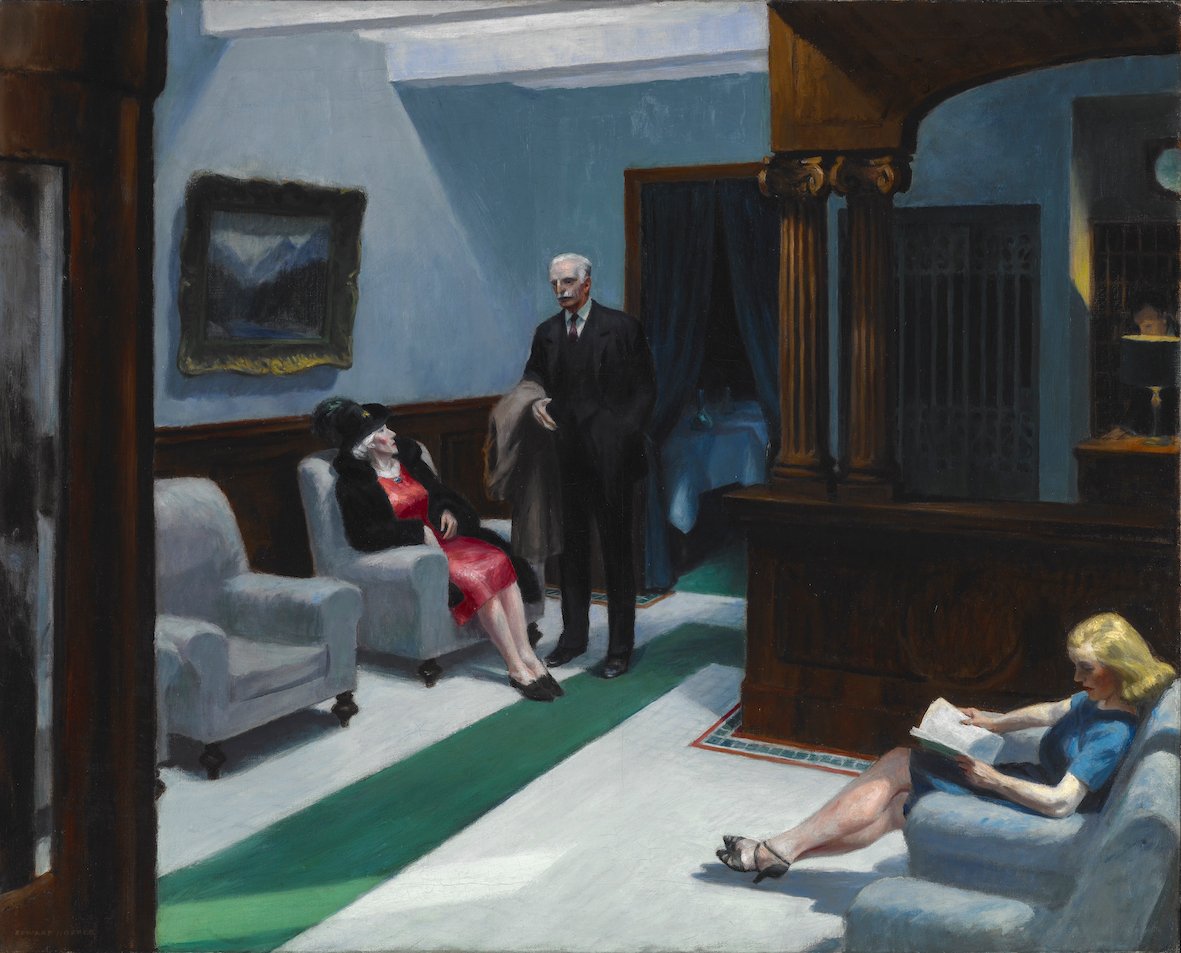 Hotel Lobby, 1943, Edward Hopper (American, 1882–1967), oil on canvas. Indianapolis Museum of Art at Newfields, William Ray Adams Memorial Collection, 47.4 © 2019 Heirs of Josephine N. Hopper / Artists Rights Society (ARS), NY