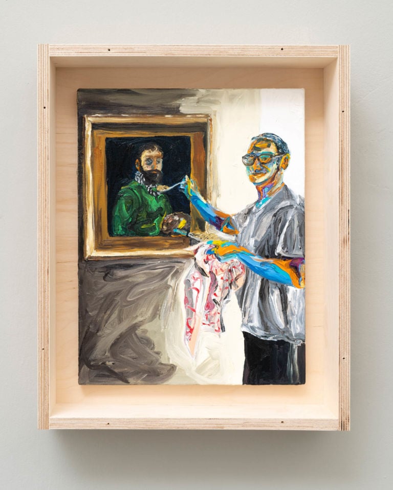 Matteo Fato, Autoritratto senza cena / Self-portrait without dinner (ritratto di / portrait of Ermanno Tassi, Collezionista / Collector, Treviglio), 2019 olio su lino / oil on linen, 30 x 39 cm cassa da trasporto in multistrato / case for transport in plywood Courtesy dell’Artista / the Artist & Monitor, Rome - Lisbon - Pereto (AQ)