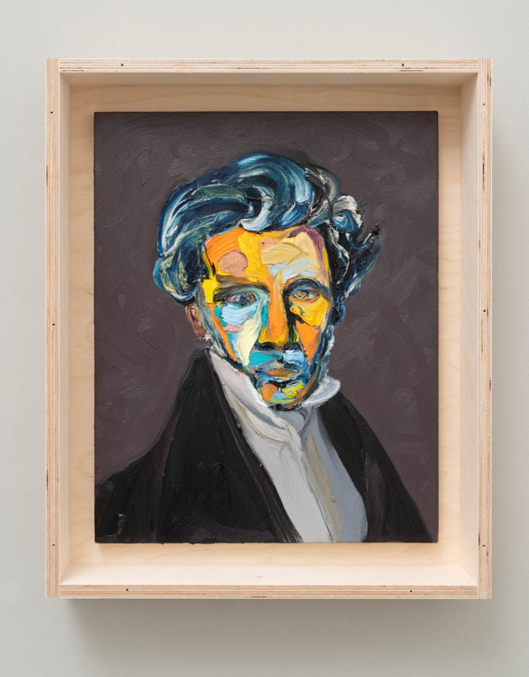 Matteo Fato, Il presentimento di altre possibilità / A sense of other possibilities (ritratto di / portrait of Søren Aabye Kierkegaard, filosofo e teologo / philosopher and theologian, Copenaghen, 1813 - 1855), 2019 olio su lino / oil on linen, 39 x 49 cm cassa da trasporto in multistrato / case for transport in plywood Courtesy dell’Artista / the Artist & Monitor, Rome - Lisbon - Pereto (AQ)