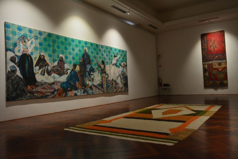 Aldo Mondino, Festa araba, 1985; Raccolto in preghiera, 1986; Tappeti stesi, 1993, exhibition view at CAMeC, La Spezia 2019. Photo Linda Kaiser