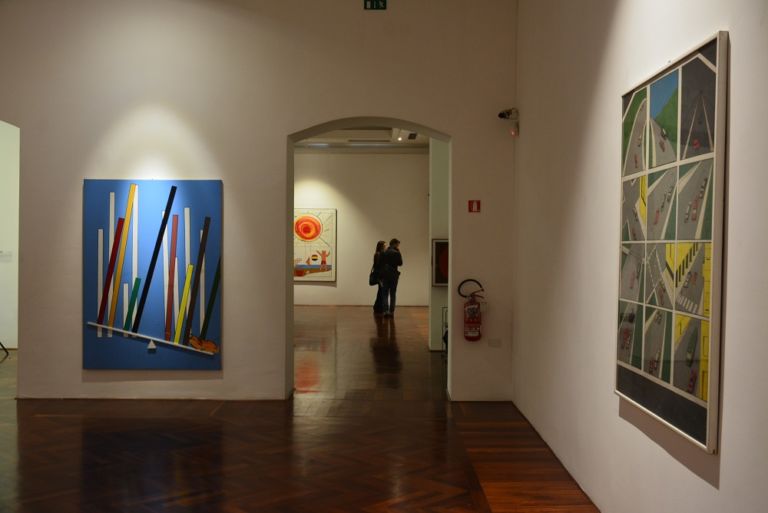 Aldo Mondino, Libra, s.d. e Vietato il sorpasso, 1963, exhibition view at CAMeC, La Spezia 2019. Photo Linda Kaiser