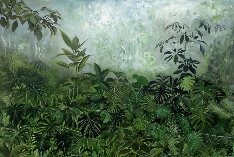 Antonio Bardino. Piante d'appartamento, 2018, olio su tela, 145x220 cm