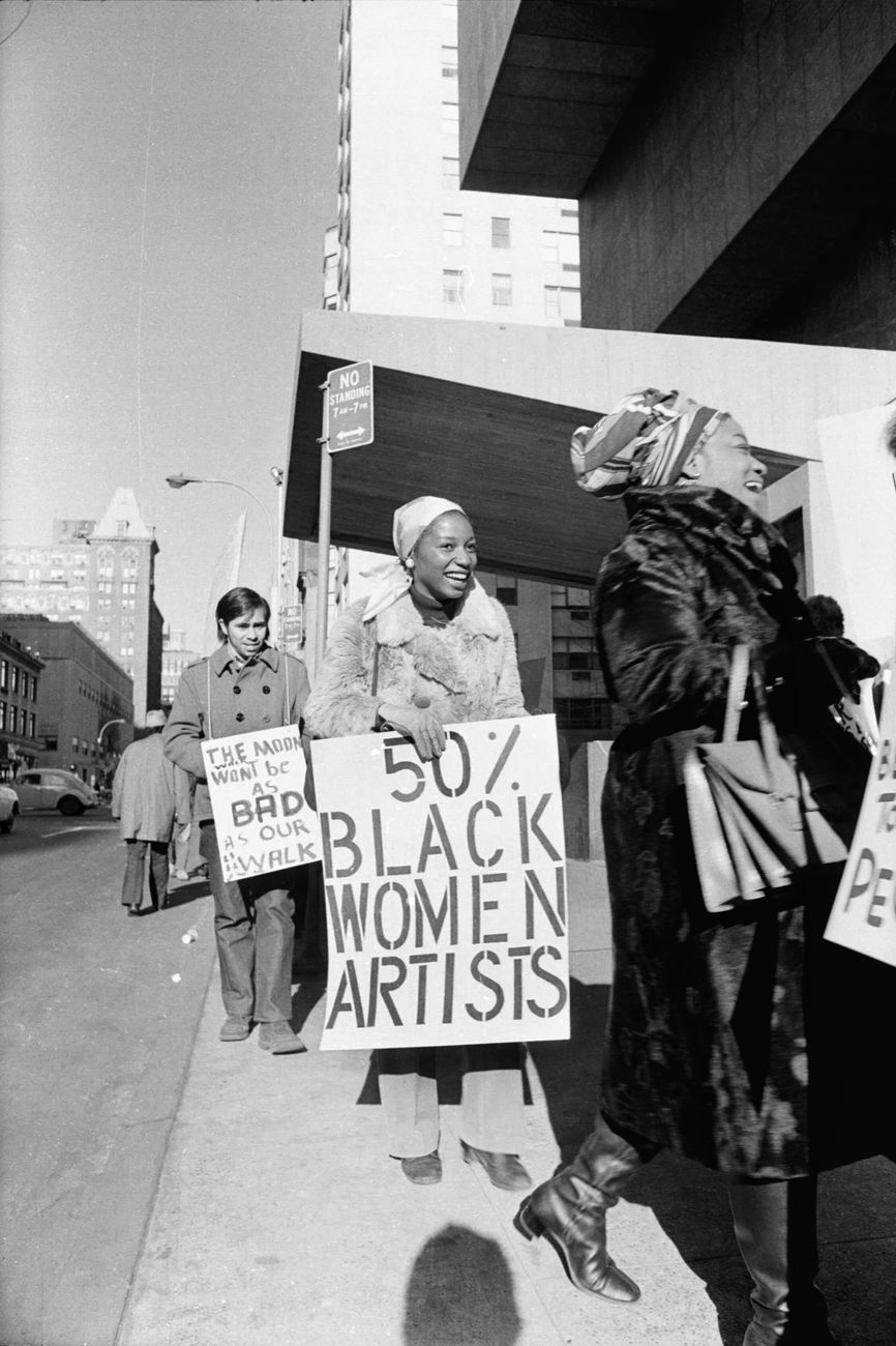 Jan van Raay, Faith Ringgold (right) and Michele Wallace (middle) at Art Workers Coalition Protest, Whitney Museum, 1971. We Wanted a Revolution. Black Radical Women 1965–85. Installation view at Brooklyn Museum, New York, 2017 © Jan van Raay