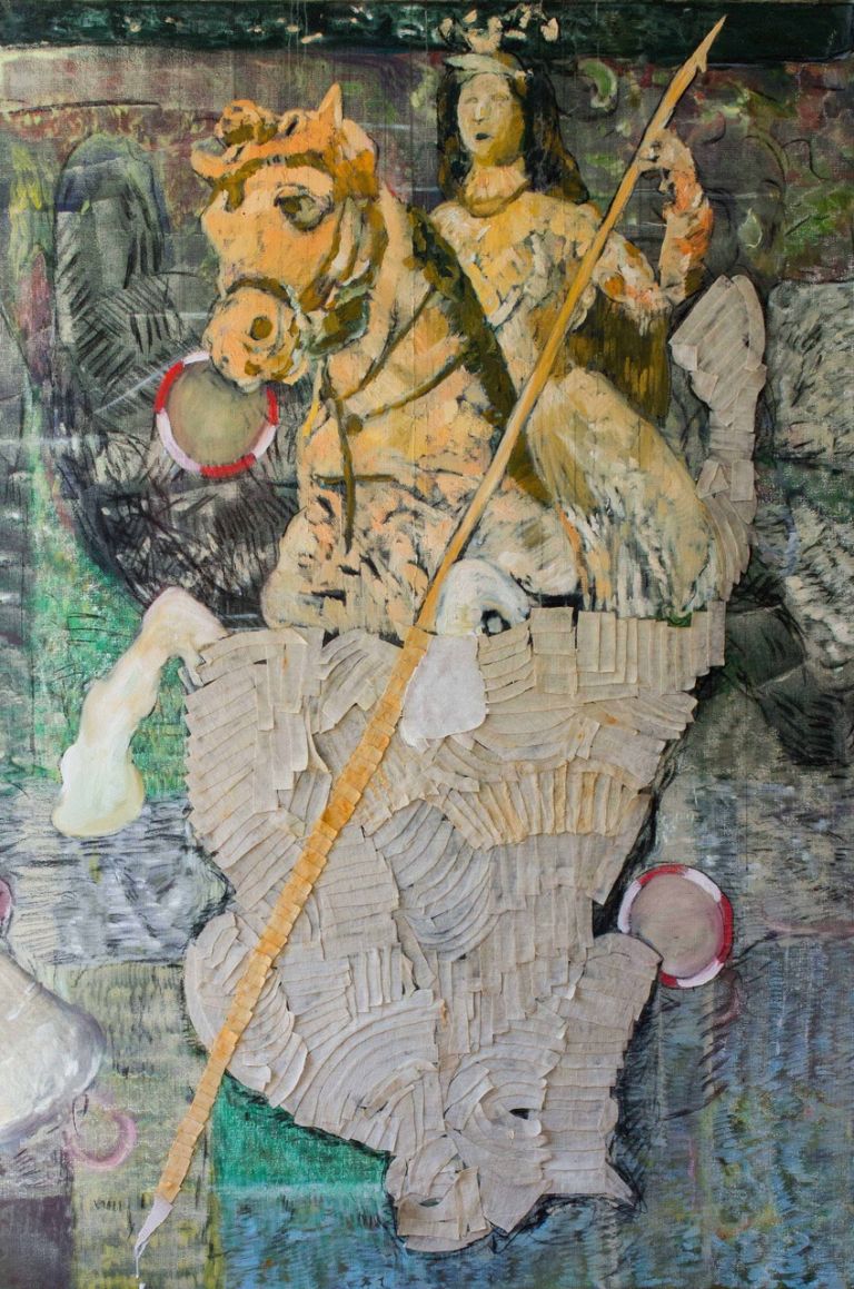 Paola Angelini, Palio della Rivincita (Senza titolo), tecnica mista su juta, 130 x 200 cm, 2019